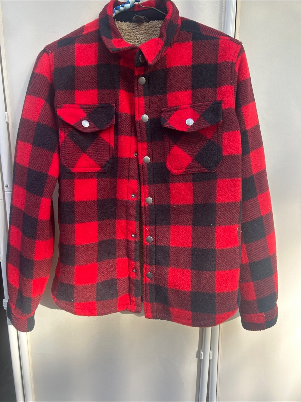 Eddie Bauer Red and Black Buffalo Plaid Sherpa-Lined Jacket